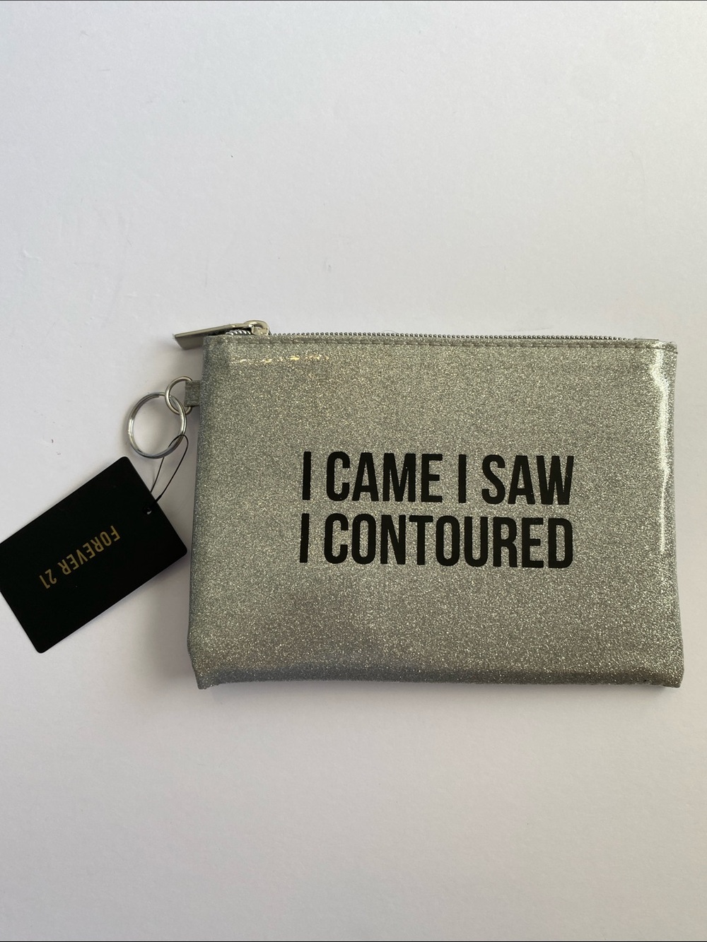 NWT Forever 21 Silver Glitter Makeup Pouch with Slogan